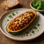A close-up photograph of a baked zucchini boat served on a rustic, light-colored plate. The zucchini half is generously filled with a savory, reddish-brown mince, topped with melted vegan cheese and sprinkled with fresh, chopped parsley. In the background, a slice of sourdough bread and a small bowl of greens are softly blurred, all set against a warm, wooden surface.