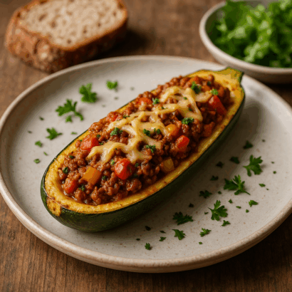 A close-up photograph of a baked zucchini boat served on a rustic, light-colored plate. The zucchini half is generously filled with a savory, reddish-brown mince, topped with melted vegan cheese and sprinkled with fresh, chopped parsley. In the background, a slice of sourdough bread and a small bowl of greens are softly blurred, all set against a warm, wooden surface.