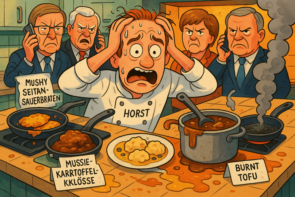 Humorous illustration of caterer Horst's vegan disaster: a chaotic kitchen scene with mushy seitan Sauerbraten, crumbling potato pancakes, angry conservative German politicians spitting out food, and a desperate Horst fleeing amid social media memes and meat delivery calls.