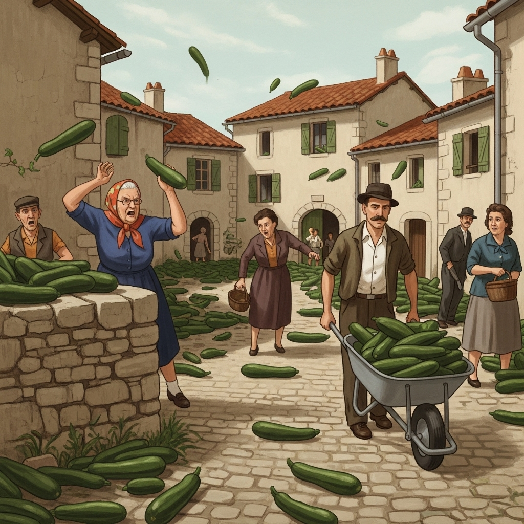 A whimsical illustration of a sunlit French village square overrun with zucchinis, where villagers in vintage clothing struggle to manage an overwhelming harvest. Some people are carrying baskets or wheelbarrows filled with zucchinis, while others attempt to dodge or collect the vegetables scattered all over the cobblestone street, set against charming stone houses with red-tiled roofs and green shutters.