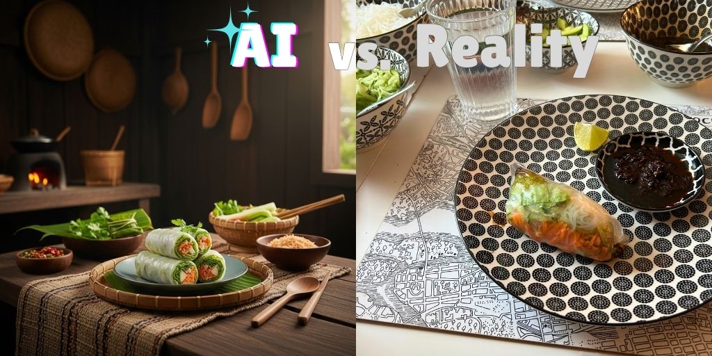 A split-screen comparison image titled "AI vs Reality" showing the difference between an AI-generated food photograph and a real-world attempt at the Lao spring rolls recipe. The left side displays a professionally styled AI image with perfect spring rolls arranged on elegant ceramic plates in a moody, traditional kitchen setting with hanging utensils and warm lighting. The right side shows the actual homemade spring rolls on patterned plates with a small bowl of dark dipping sauce, photographed in natural daylight on a casual dining table with printed placemats, demonstrating the realistic, achievable results when following the recipe at home.