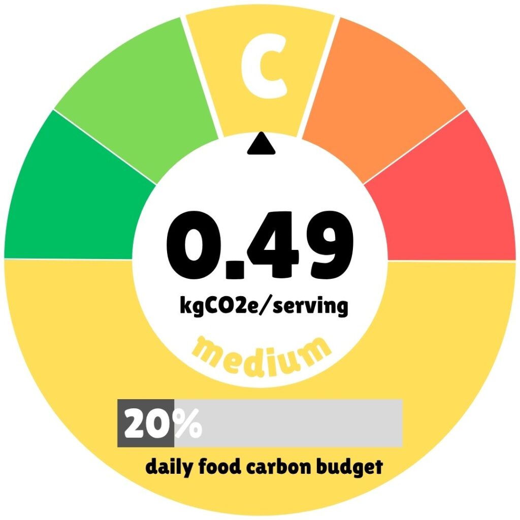 A colorful infographic displaying the carbon footprint of a meal, showing a circular gauge with green, yellow, and red segments. The indicator points to a yellow "C" section, highlighting a medium rating. In the center, bold text reads "0.49 kgCO2e/serving," with "medium" underneath. A bar at the bottom shows "20% daily food carbon budget," visually representing the meal’s environmental impact in an easy-to-understand format.