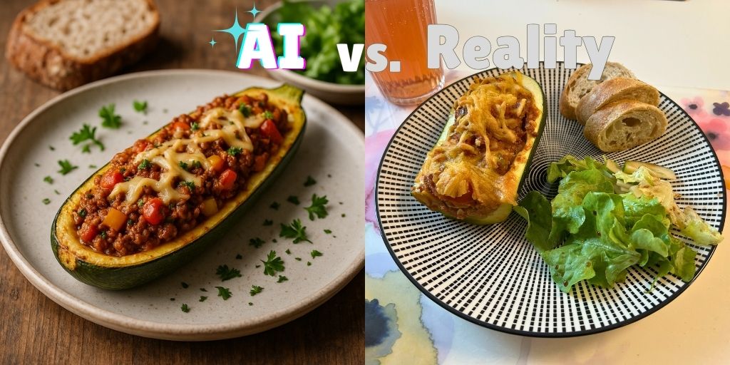 A side-by-side comparison image labeled "AI vs. Reality." On the left, a professional food photograph shows a perfectly styled baked zucchini boat with a rich mince filling and melted cheese, garnished with parsley. On the right, a home-cooked version of the dish is served on a patterned plate with a side salad and sliced baguette, representing a more realistic meal presentation.