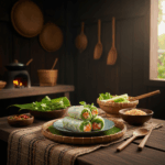 A beautifully styled food photograph showing fresh spring rolls arranged on a dark ceramic plate placed on a woven bamboo placemat. The translucent rice paper wraps reveal colorful fillings of julienned carrots, fresh green herbs, and vegetables. The scene is set on a rustic wooden table in a traditional kitchen with dark walls, featuring hanging woven baskets, wooden cooking utensils, a mortar and pestle, and bowls of fresh ingredients including leafy greens and what appears to be crushed peanuts or spices. Warm, natural lighting streams through a window, creating an authentic, homey atmosphere that emphasizes the fresh, healthy nature of the dish.
