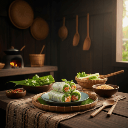 A beautifully styled food photograph showing fresh spring rolls arranged on a dark ceramic plate placed on a woven bamboo placemat. The translucent rice paper wraps reveal colorful fillings of julienned carrots, fresh green herbs, and vegetables. The scene is set on a rustic wooden table in a traditional kitchen with dark walls, featuring hanging woven baskets, wooden cooking utensils, a mortar and pestle, and bowls of fresh ingredients including leafy greens and what appears to be crushed peanuts or spices. Warm, natural lighting streams through a window, creating an authentic, homey atmosphere that emphasizes the fresh, healthy nature of the dish.