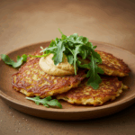 Close-up of three golden, crispy vegan potato pancakes (Kartoffelpuffer) on a rustic wooden plate, topped with a creamy mustard sauce and fresh arugula leaves, garnished with a sprinkle of herbs for a vibrant, appetizing presentation.